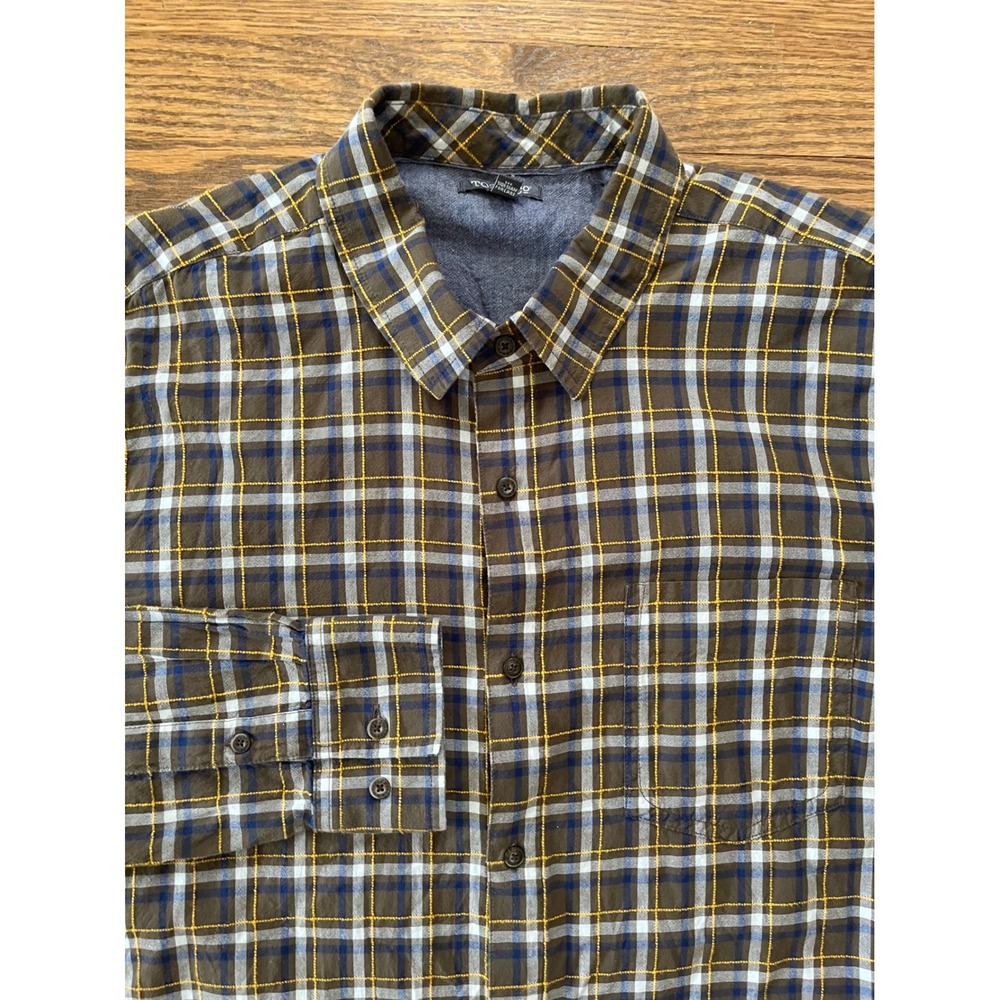 Toad&Co Mens XL Plaid Button Down Shirt Brown Blue Yellow Long Sleeve Pocket